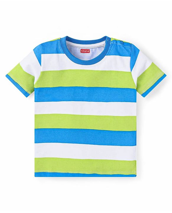 Babyhug Single Jersey Knit Half Sleeves Striped T-Shirt & Shorts Set with Pockets - Light Blue Green & White