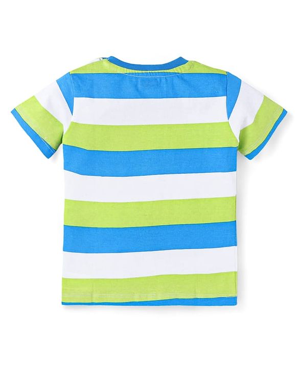 Babyhug Single Jersey Knit Half Sleeves Striped T-Shirt & Shorts Set with Pockets - Light Blue Green & White