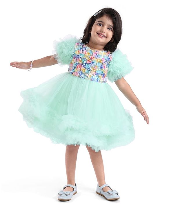 Babyhug Woven Half Sleeves Party Dress With Ruffle Detailing & Floral Corsage - Sea Green