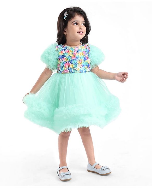 Babyhug Woven Half Sleeves Party Dress With Ruffle Detailing & Floral Corsage - Sea Green