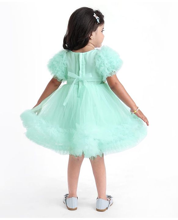 Babyhug Woven Half Sleeves Party Dress With Ruffle Detailing & Floral Corsage - Sea Green