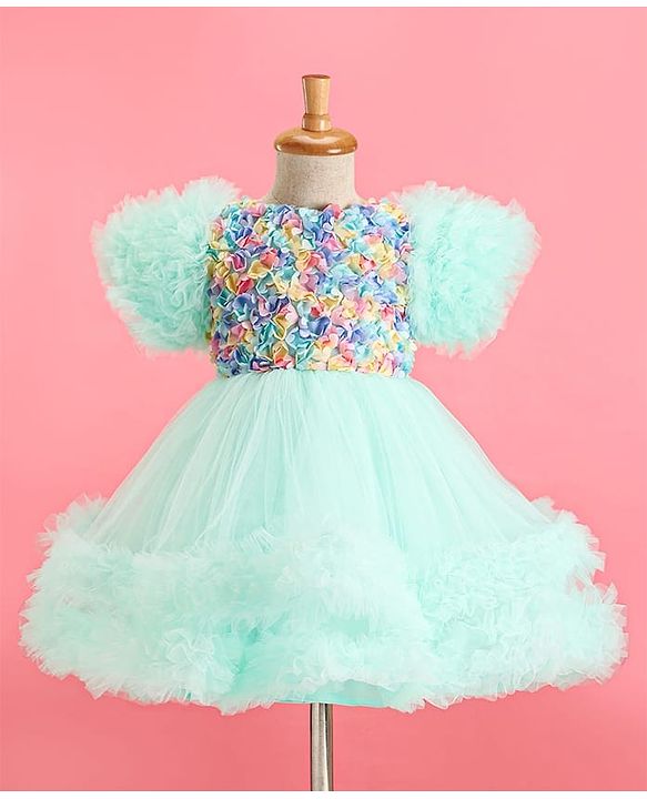 Babyhug Woven Half Sleeves Party Dress With Ruffle Detailing & Floral Corsage - Sea Green