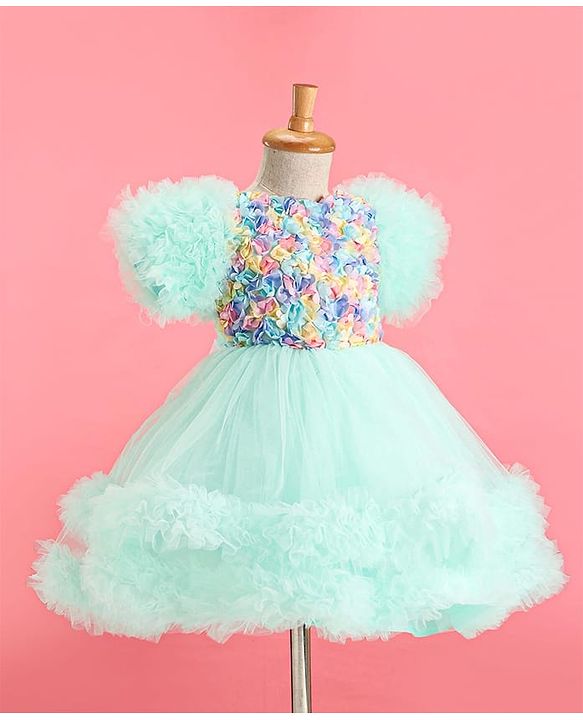 Babyhug Woven Half Sleeves Party Dress With Ruffle Detailing & Floral Corsage - Sea Green