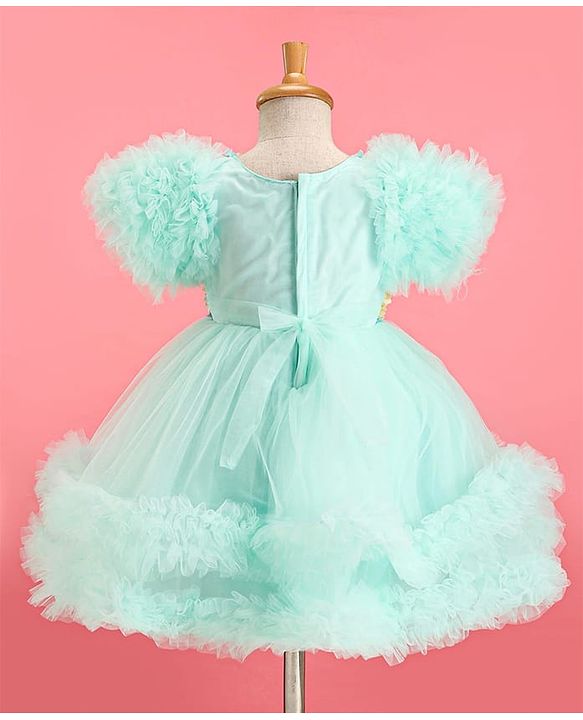 Babyhug Woven Half Sleeves Party Dress With Ruffle Detailing & Floral Corsage - Sea Green
