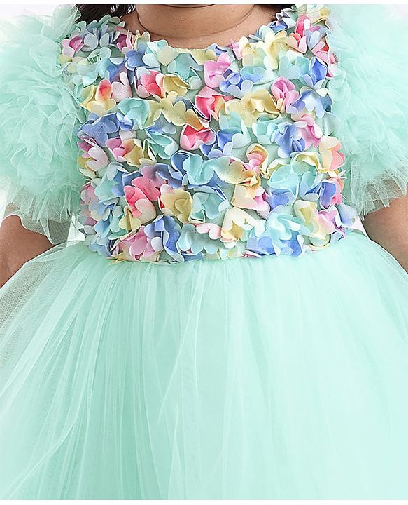 Babyhug Woven Half Sleeves Party Dress With Ruffle Detailing & Floral Corsage - Sea Green