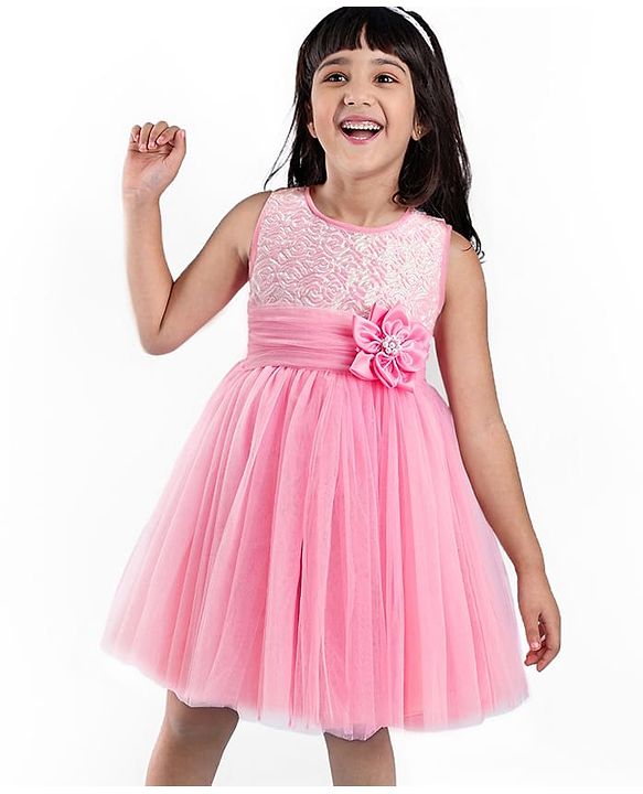 Babyhug Woven Sleeveless Party Dress With Floral Applique - Pink