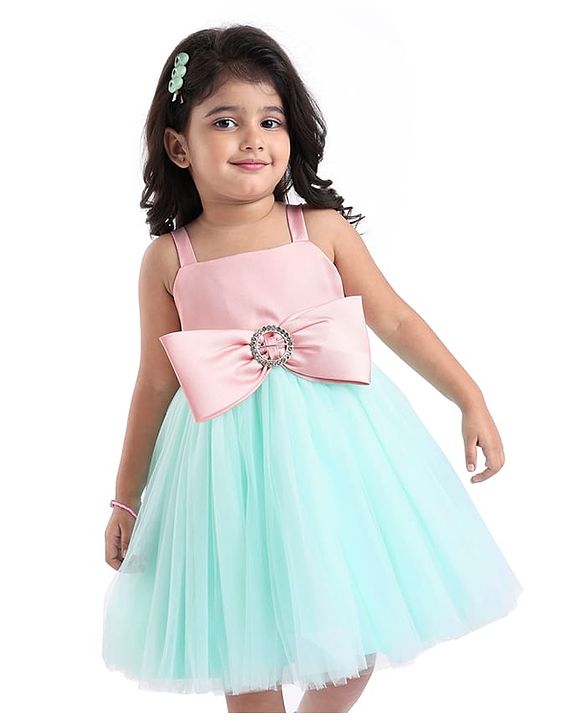 Babyhug Woven Sleeveless Party Dress With Bow Applique - Peach & Green