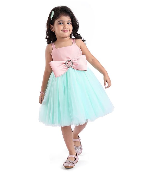 Babyhug Woven Sleeveless Party Dress With Bow Applique - Peach & Green