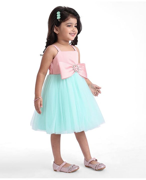 Babyhug Woven Sleeveless Party Dress With Bow Applique - Peach & Green