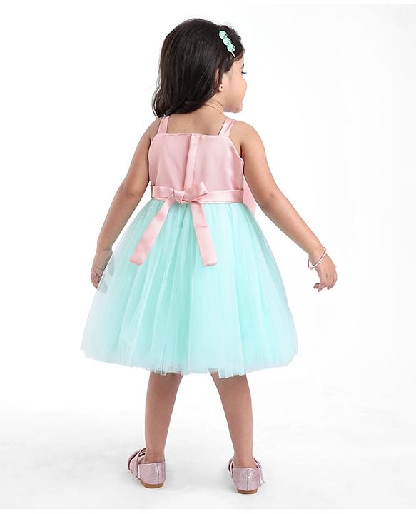 Babyhug Woven Sleeveless Party Dress With Bow Applique - Peach & Green