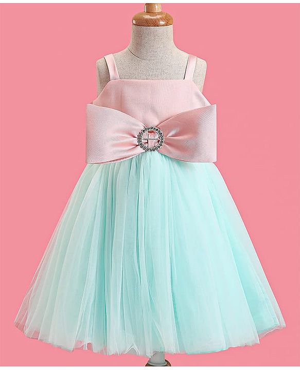 Babyhug Woven Sleeveless Party Dress With Bow Applique - Peach & Green