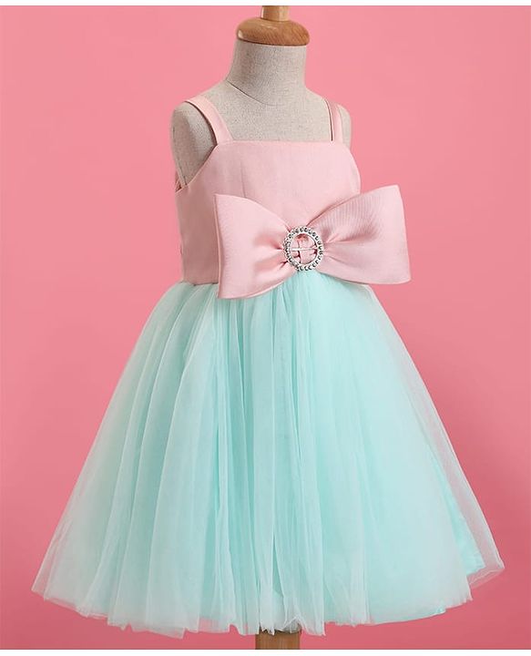 Babyhug Woven Sleeveless Party Dress With Bow Applique - Peach & Green