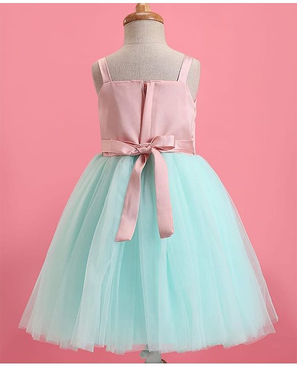 Babyhug Woven Sleeveless Party Dress With Bow Applique - Peach & Green