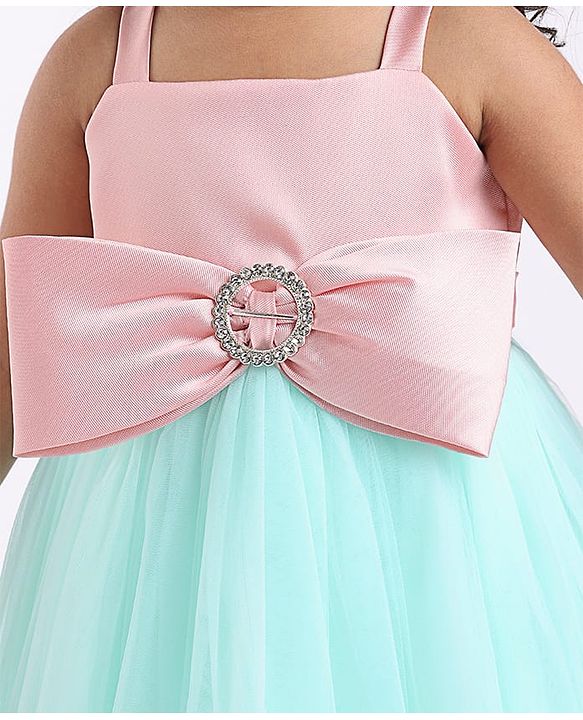 Babyhug Woven Sleeveless Party Dress With Bow Applique - Peach & Green