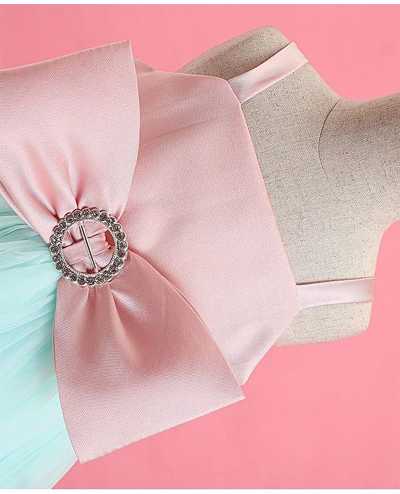 Babyhug Woven Sleeveless Party Dress With Bow Applique - Peach & Green