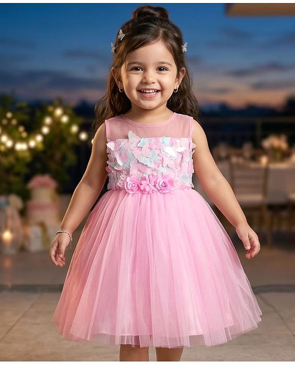 Babyhug Woven Sleeveless Party Dress With Floral & Butterfly Applique - Light Pink