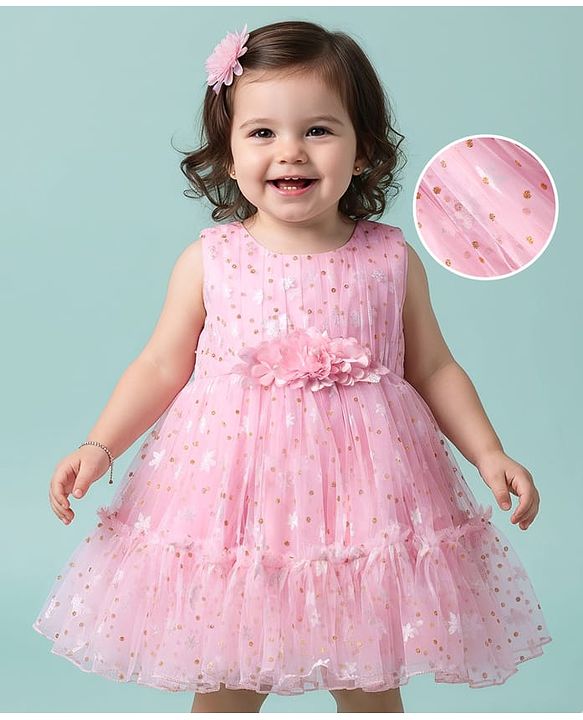 Babyhug Woven Sleeveless Mesh Dress with Foil Print & Floral Applique - Light Pink