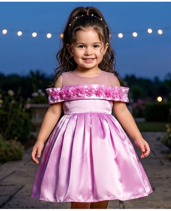 Babyhug Woven Cold Shoulder Sleeves Party Dress With Floral Corsage - Lilac