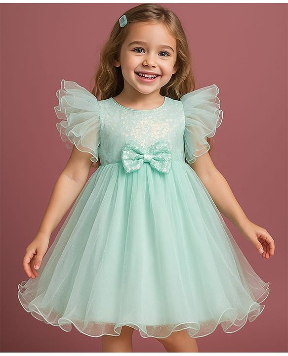 Babyhug Woven Frill Sleeves Party Dress With Sequinned Yoke & Bow Applique - Mint Green