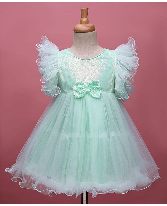 Babyhug Woven Frill Sleeves Party Dress With Sequinned Yoke & Bow Applique - Mint Green