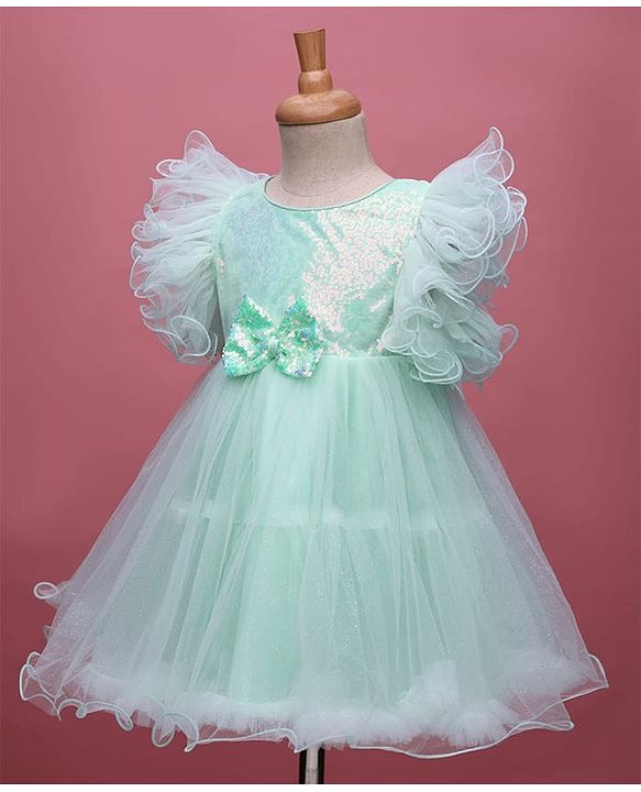 Babyhug Woven Frill Sleeves Party Dress With Sequinned Yoke & Bow Applique - Mint Green