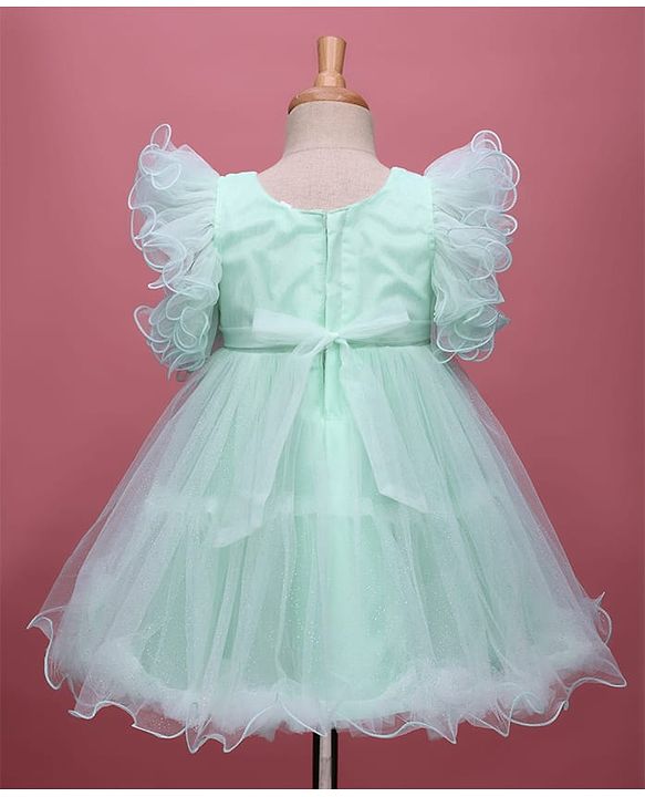 Babyhug Woven Frill Sleeves Party Dress With Sequinned Yoke & Bow Applique - Mint Green