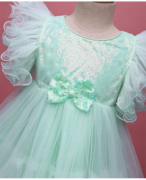 Babyhug Woven Frill Sleeves Party Dress With Sequinned Yoke & Bow Applique - Mint Green