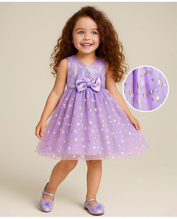 Babyhug Woven Sleeveless Glitter Printed Fit & Flare Party Dress with Bow Applique & Sequin Detailing - Lavender