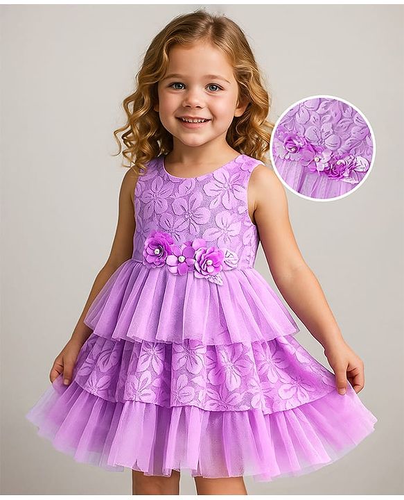 Babyhug Woven Sleeveless Party Dress With Floral Applique & Lace Detailing - Lilac