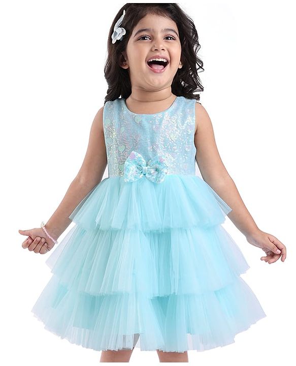 Babyhug Woven Sleeveless Party Dress With Bow Applique & Sequinned Yoke - Light Blue