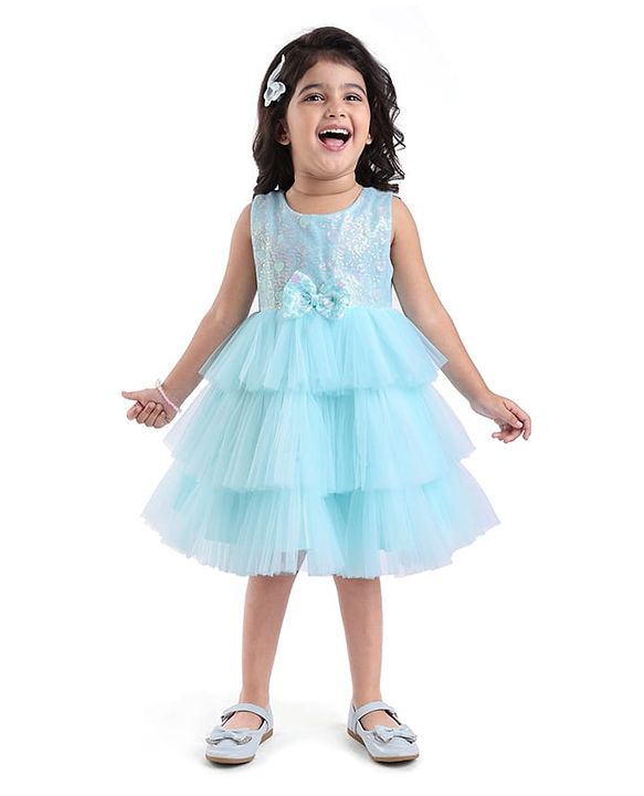 Babyhug Woven Sleeveless Party Dress With Bow Applique & Sequinned Yoke - Light Blue