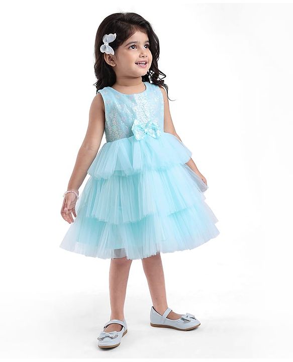 Babyhug Woven Sleeveless Party Dress With Bow Applique & Sequinned Yoke - Light Blue