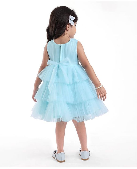 Babyhug Woven Sleeveless Party Dress With Bow Applique & Sequinned Yoke - Light Blue