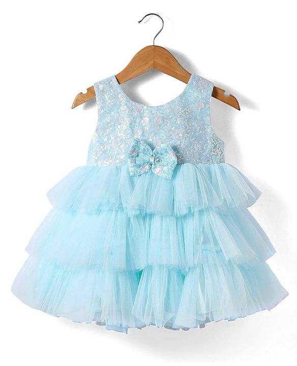 Babyhug Woven Sleeveless Party Dress With Bow Applique & Sequinned Yoke - Light Blue