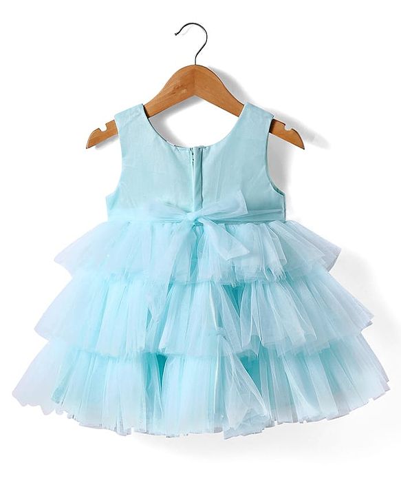Babyhug Woven Sleeveless Party Dress With Bow Applique & Sequinned Yoke - Light Blue
