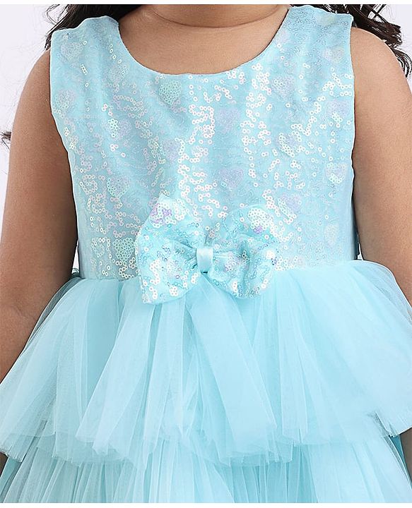 Babyhug Woven Sleeveless Party Dress With Bow Applique & Sequinned Yoke - Light Blue