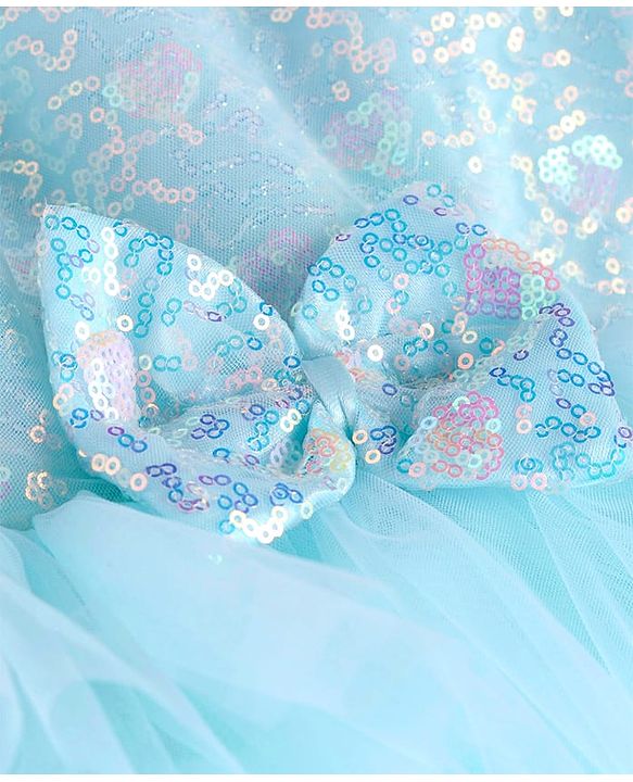 Babyhug Woven Sleeveless Party Dress With Bow Applique & Sequinned Yoke - Light Blue