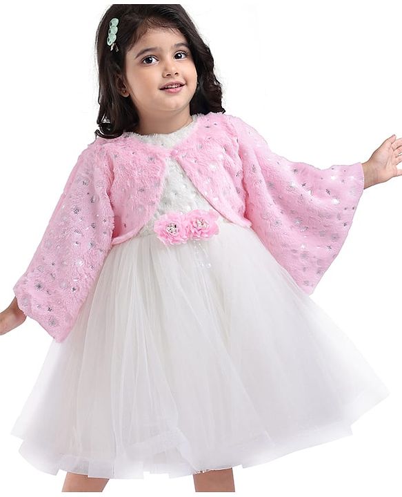Babyhug Woven Full Sleeves Flora Foil Printed Shrug & Fit & Flared Shimmered Party Dress with Fur Yoke - Pink