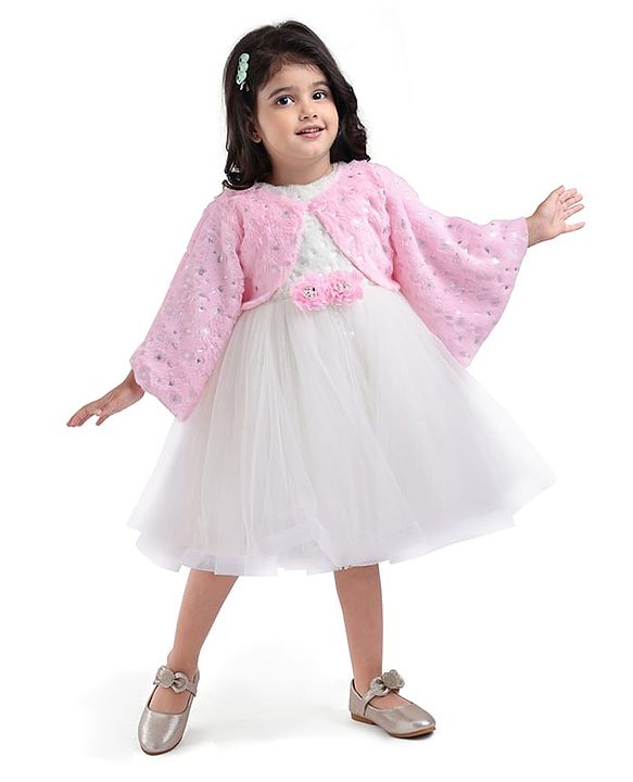 Babyhug Woven Full Sleeves Flora Foil Printed Shrug & Fit & Flared Shimmered Party Dress with Fur Yoke - Pink
