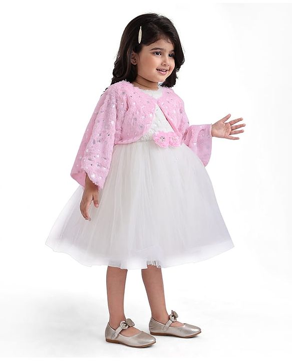 Babyhug Woven Full Sleeves Flora Foil Printed Shrug & Fit & Flared Shimmered Party Dress with Fur Yoke - Pink