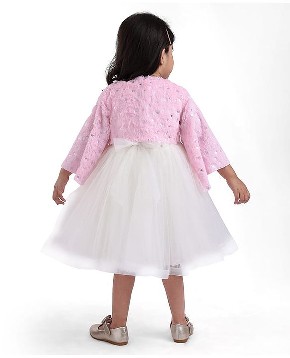 Babyhug Woven Full Sleeves Flora Foil Printed Shrug & Fit & Flared Shimmered Party Dress with Fur Yoke - Pink