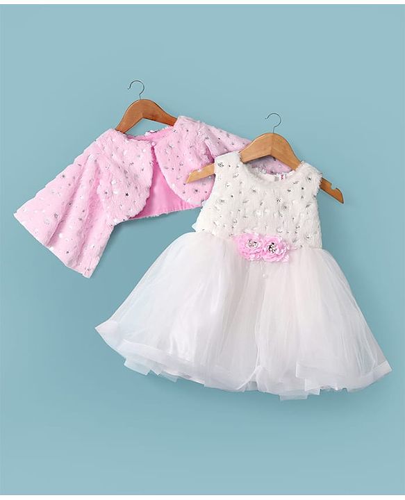 Babyhug Woven Full Sleeves Flora Foil Printed Shrug & Fit & Flared Shimmered Party Dress with Fur Yoke - Pink