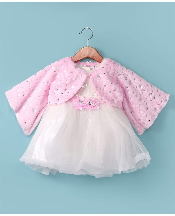 Babyhug Woven Full Sleeves Flora Foil Printed Shrug & Fit & Flared Shimmered Party Dress with Fur Yoke - Pink