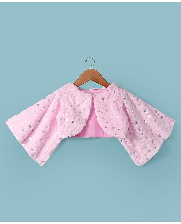 Babyhug Woven Full Sleeves Flora Foil Printed Shrug & Fit & Flared Shimmered Party Dress with Fur Yoke - Pink