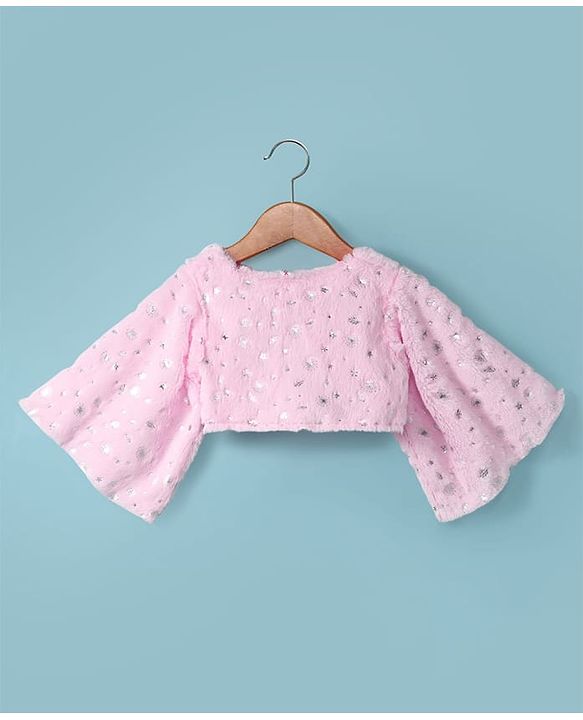 Babyhug Woven Full Sleeves Flora Foil Printed Shrug & Fit & Flared Shimmered Party Dress with Fur Yoke - Pink