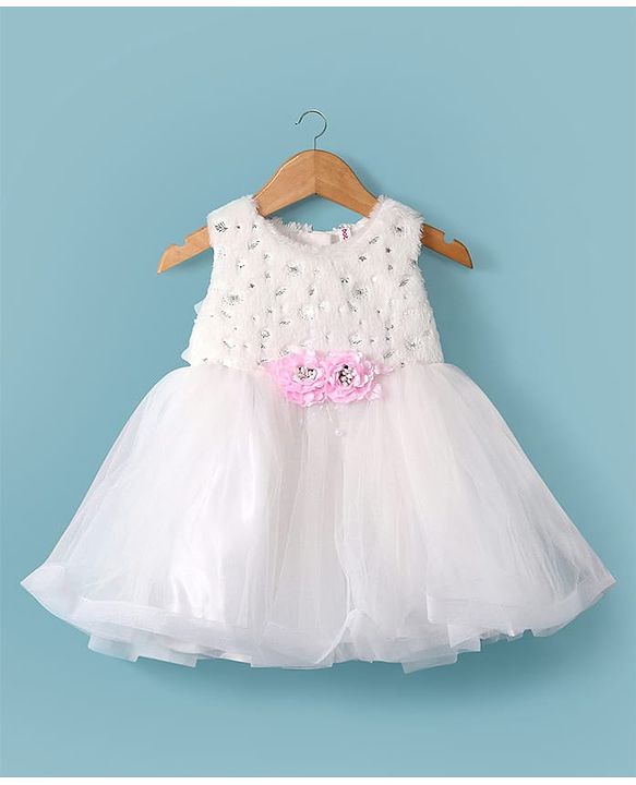Babyhug Woven Full Sleeves Flora Foil Printed Shrug & Fit & Flared Shimmered Party Dress with Fur Yoke - Pink
