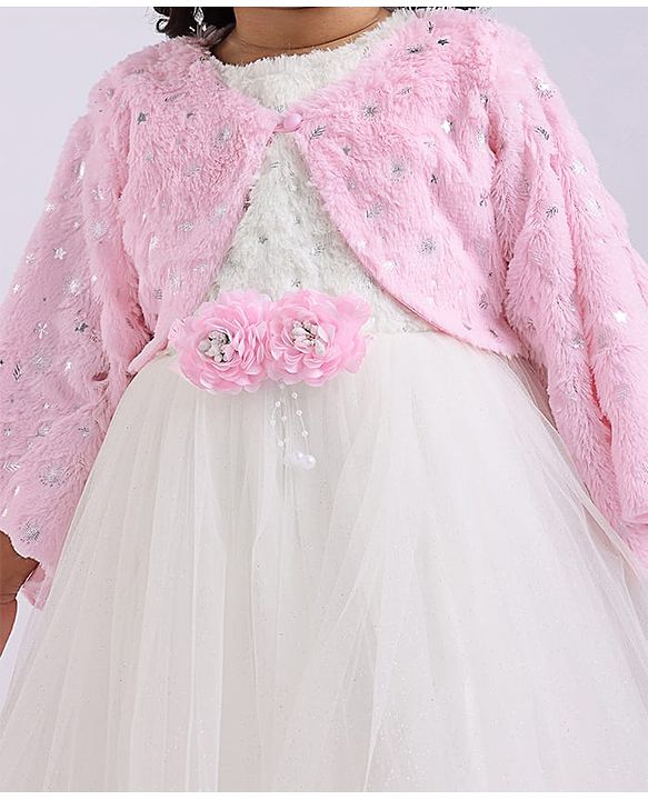 Babyhug Woven Full Sleeves Flora Foil Printed Shrug & Fit & Flared Shimmered Party Dress with Fur Yoke - Pink