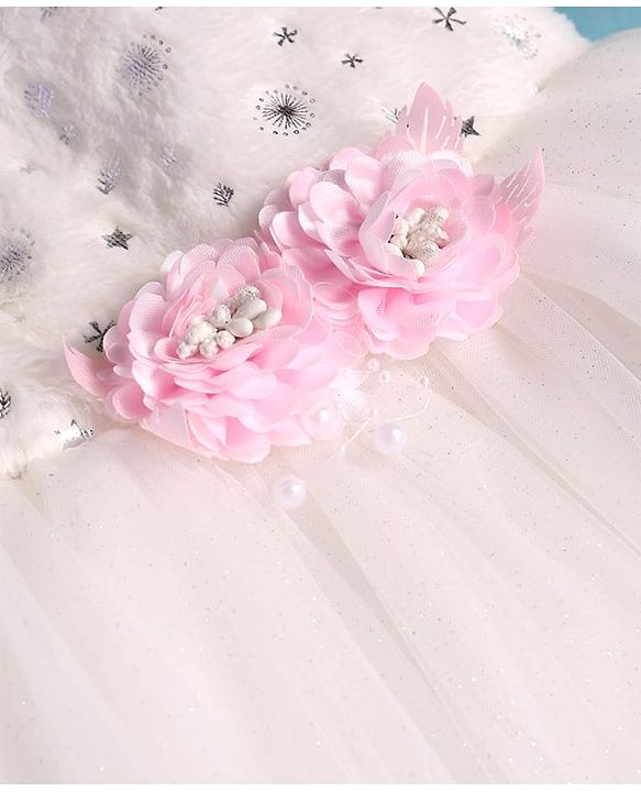 Babyhug Woven Full Sleeves Flora Foil Printed Shrug & Fit & Flared Shimmered Party Dress with Fur Yoke - Pink