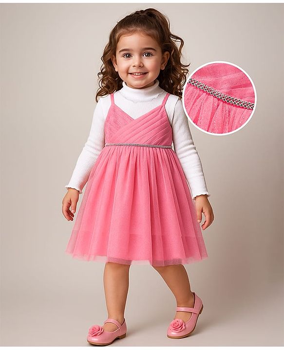 Babyhug Woven Shimmered Party Dress With Full Sleeves Solid Ribbed Inner Tee - Pink & White