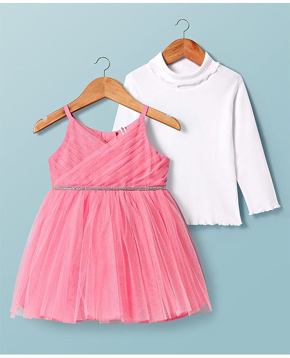 Babyhug Woven Shimmered Party Dress With Full Sleeves Solid Ribbed Inner Tee - Pink & White